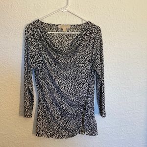 Michael Kors Black White Animal Print Top Shirt Side Zip 3/4 Sleeve Size Medium